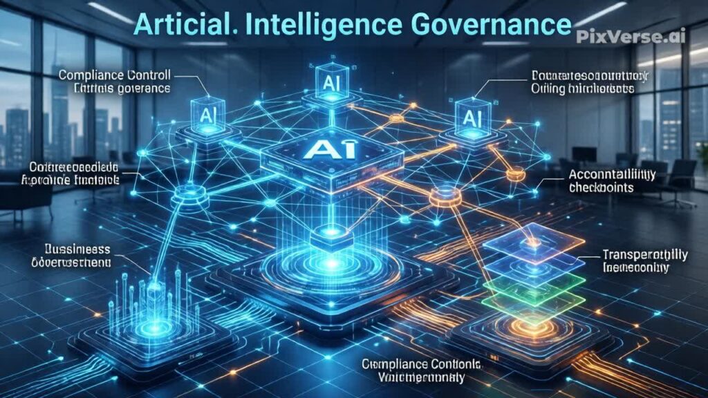 AI governance framework connecting transparency, accountability, compliance, and oversight across enterprise systems