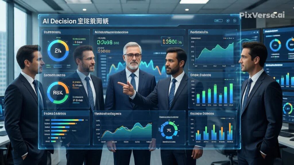 Business executives analyzing AI performance metrics and governance insights through a strategic visibility dashboard
