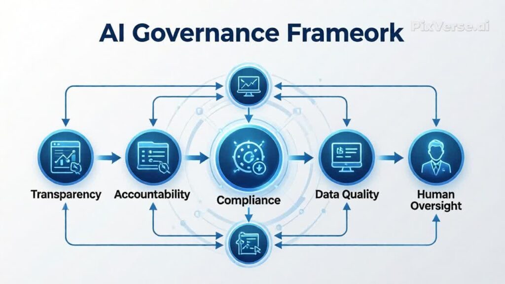 AI governance framework diagram showing transparency, accountability, compliance, data quality, and human oversight pillars