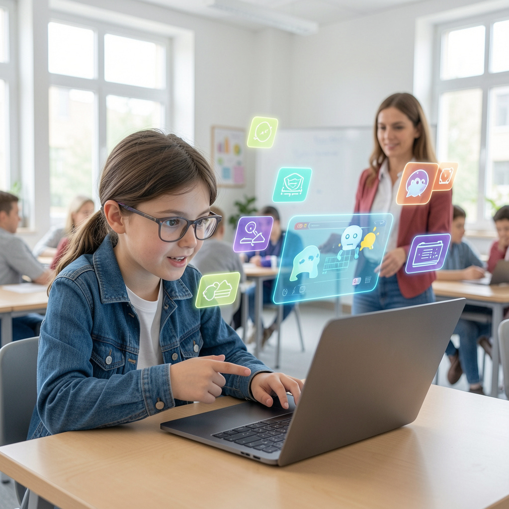 A student using a conversational AI chatbot on a laptop to learn, ask questions, and explore educational topics in a classroom