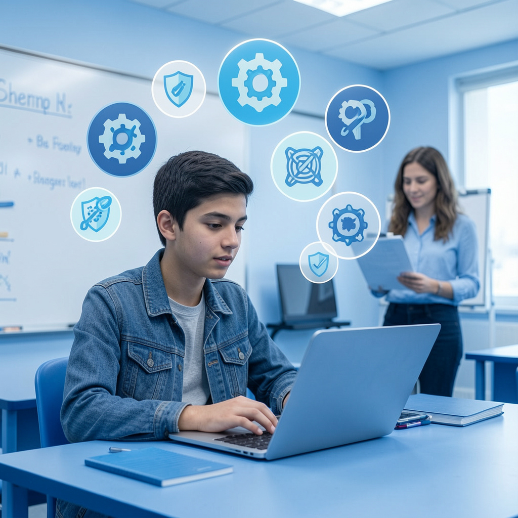 Student learning about conversational AI safety, including privacy, misinformation, cybersecurity, and responsible technology use.