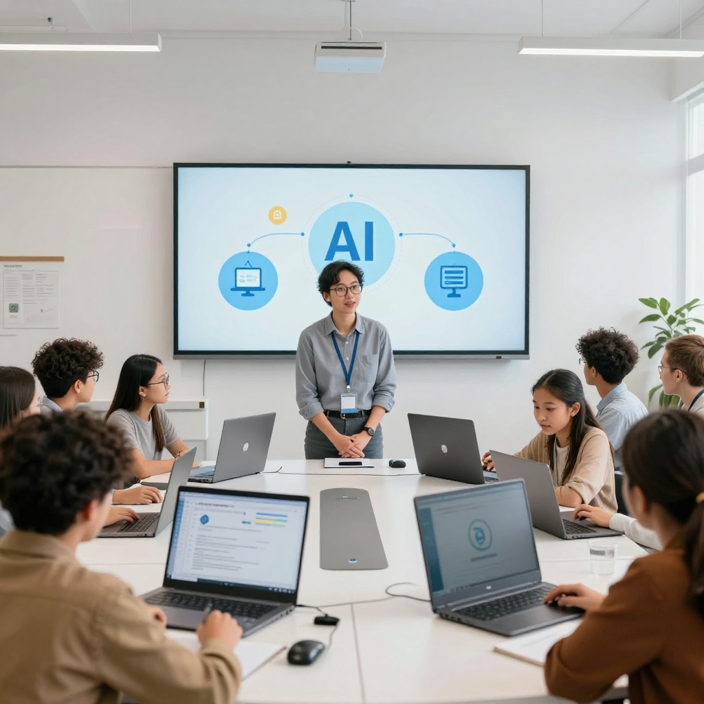 Students using conversational AI in a classroom with teacher guidance, illustrating the benefits and safety considerations of AI in education.