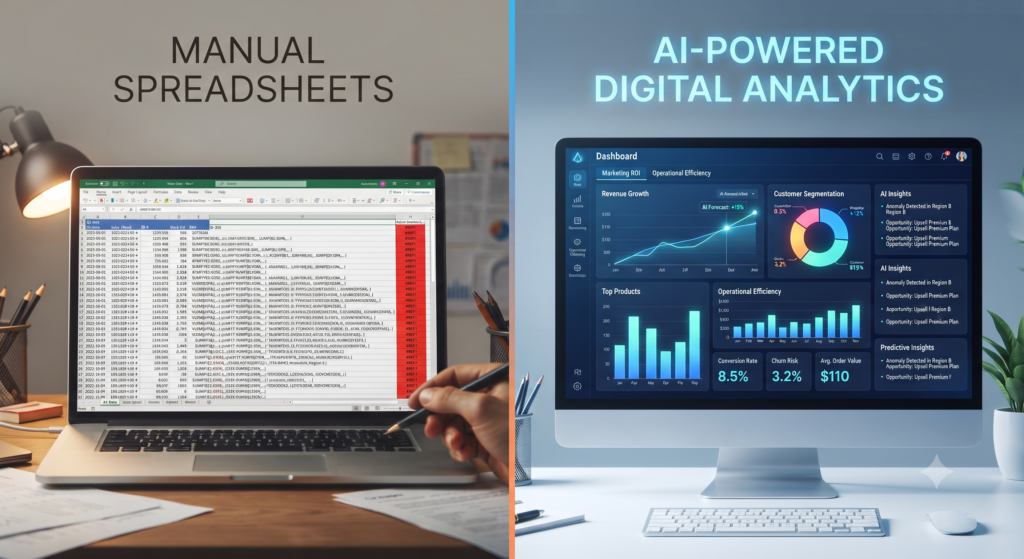 Comparison of traditional manual banking vs AI-powered automated financial analysis.