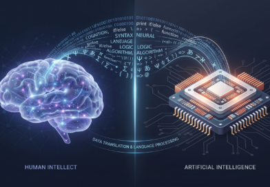 split picture of Human Intellect and Artificial intelligence