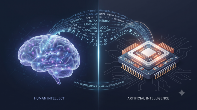 split picture of Human Intellect and Artificial intelligence