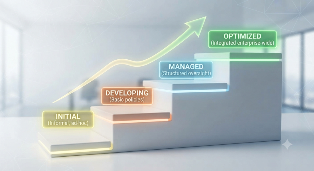 An illustration of a four-step staircase showing the progression of AI governance maturity from Initial to Optimized.