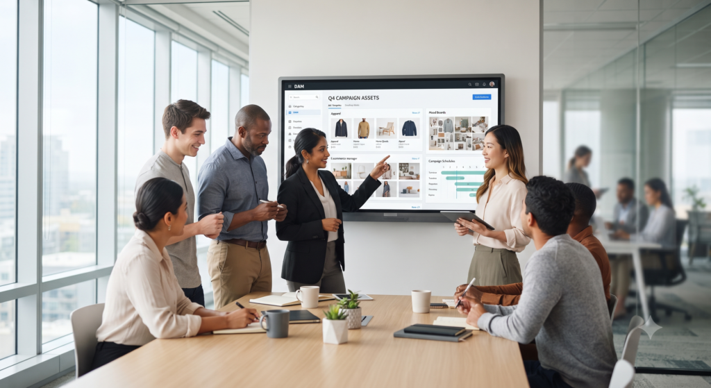 Marketing and creative teams collaborating using AI Digital Asset Management software
AI digital asset management
