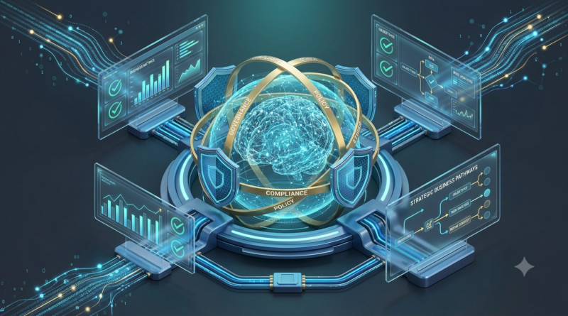 An isometric 3D illustration representing enterprise AI governance and business context refinement, featuring a glowing AI core surrounded by protective digital shields, data flow lines, and compliance dashboards.