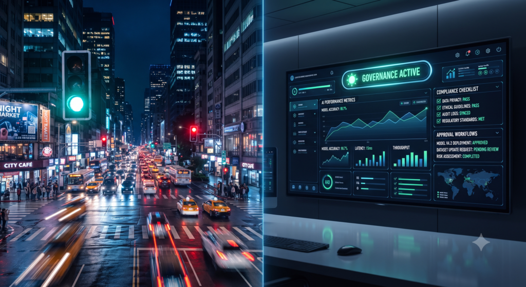 A conceptual split-screen image comparing AI governance to traffic signals that regulate flow and prevent chaos.