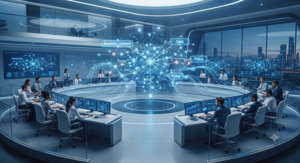 Conceptual illustration showing an AI governance solution acting as an intelligent security guard that validates AI requests based on business context.