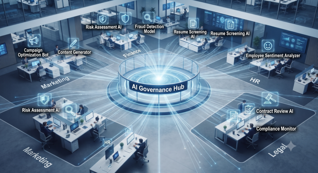 An illustration of a centralized AI governance platform providing visibility and control across various organizational departments.
