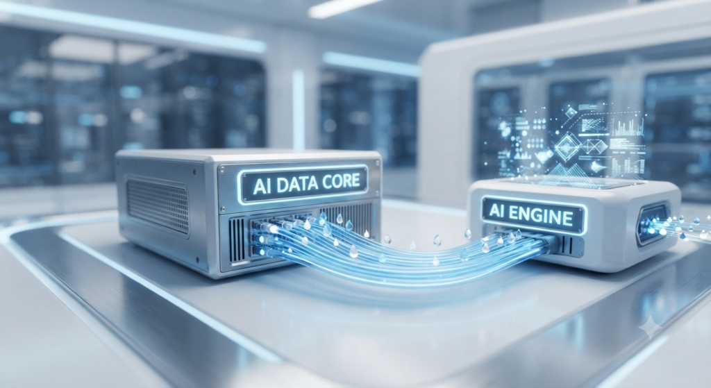A high-tech conceptual image showing clean data flowing from a storage core labeled "AI DATA CORE" into an "AI ENGINE," symbolizing data governance.