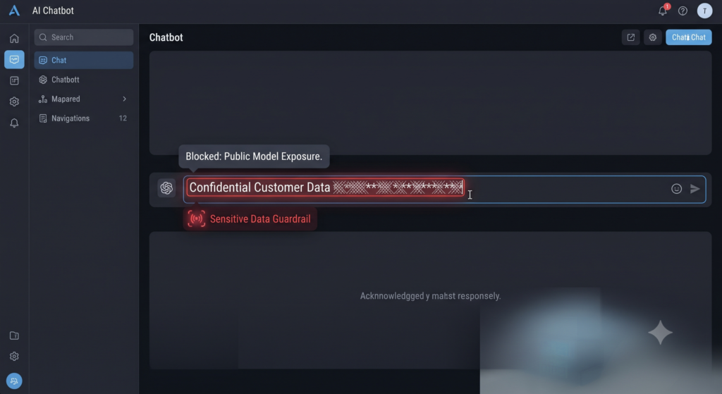 A user interface demonstrating prompt guardrails automatically masking sensitive customer data to ensure privacy and compliance.