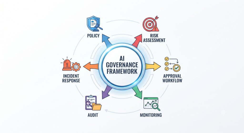 A focused compliance officer reviewing physical AI governance binders and digital dashboards, symbolizing audit readiness.