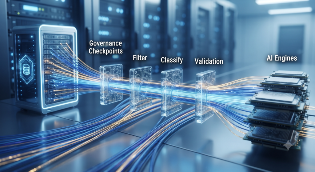 High-tech visualization of real-time data lineage and governance checkpoints protecting AI systems.