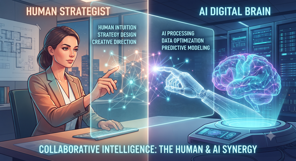 "Human and AI collaboration for effective marketing strategy."