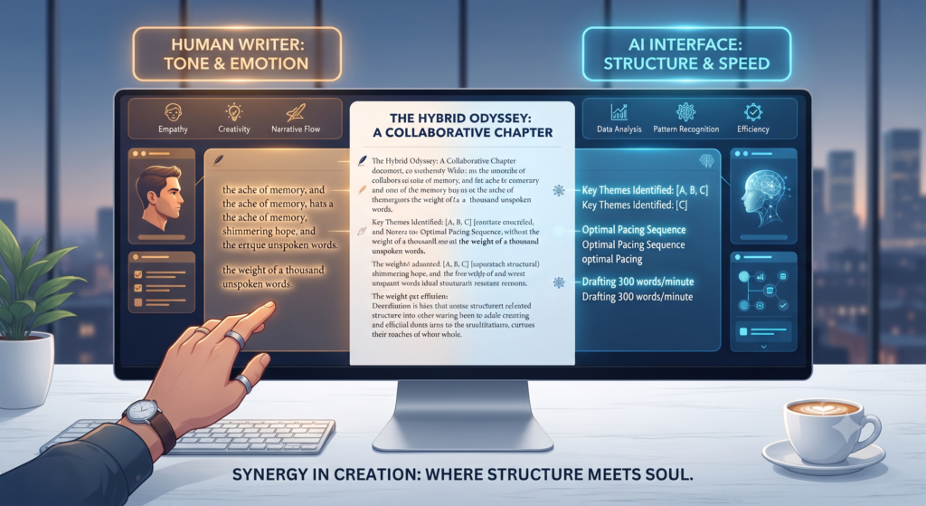 AI and human writers collaborating in a hybrid content workflow