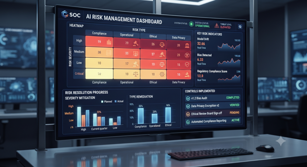A high-tech, professional UI/UX design of an 'AI Risk Management Dashboard' displayed on a large monitor. The screen uses a dark mode theme with sharp, glowing data visualizations. A prominent heatmap shows risks categorized by 'Severity' (Low, Medium, High, Critical) and 'Type' (Compliance, Operational, Ethical, Data Privacy), with critical ethical risks highlighted in red. Below the heatmap, bar charts track 'Risk Resolution Progress' (e.g., Model Drift, Bias Detected), and a checklist confirms 'Controls Implemented' (e.g., Bias Audit - Completed, Privacy Encryption - Verified). The overall aesthetic is serious, analytical, and data-driven."