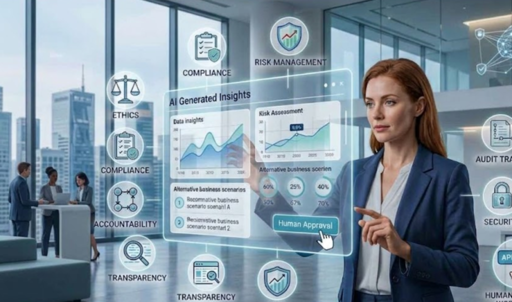 A professional desk setup featuring a tablet displaying a compliance checkmark next to a laptop with data analytics charts.