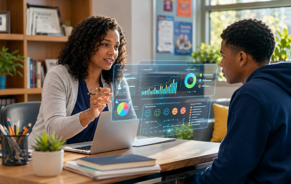 A school counselor meets with a student across a desk while reviewing an AI-powered analytics dashboard displaying academic progress, engagement metrics, performance trends, and student well-being indicators. The modern school office features a laptop, books, plants, and natural light, illustrating responsible AI supporting personalized education and human decision-making.