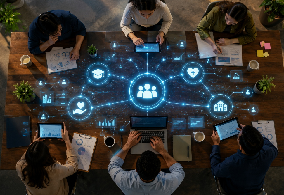 Overhead view of a diverse team collaborating around a table with laptops, tablets, and documents while a glowing AI-powered digital network connects community services. Central people icon links to education, healthcare, nonprofit support, housing, analytics, and collaboration symbols, illustrating AI-enabled coordination, data sharing, and human-centered decision-making across essential services.