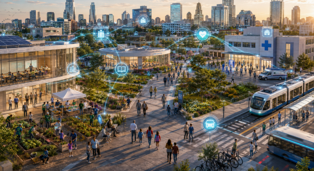 A vibrant, modern city where AI-powered digital networks connect schools, healthcare facilities, community organizations, public transportation, and public spaces. People walk, gather, and collaborate while glowing icons represent education, healthcare, mobility, and community services, illustrating responsible AI supporting connected, human-centered urban life.