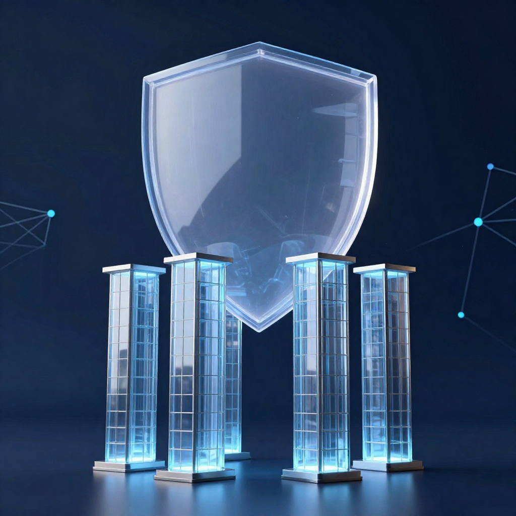 Conceptual 3D illustration of four structural pillars supporting a protective shield, representing the foundational pillars of enterprise AI governance.