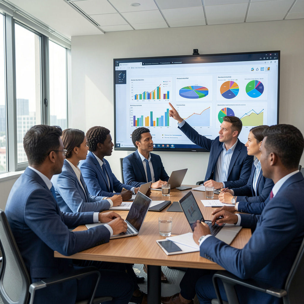 A group of business professionals analyzing data charts on a screen, demonstrating the human-in-the-loop oversight process.