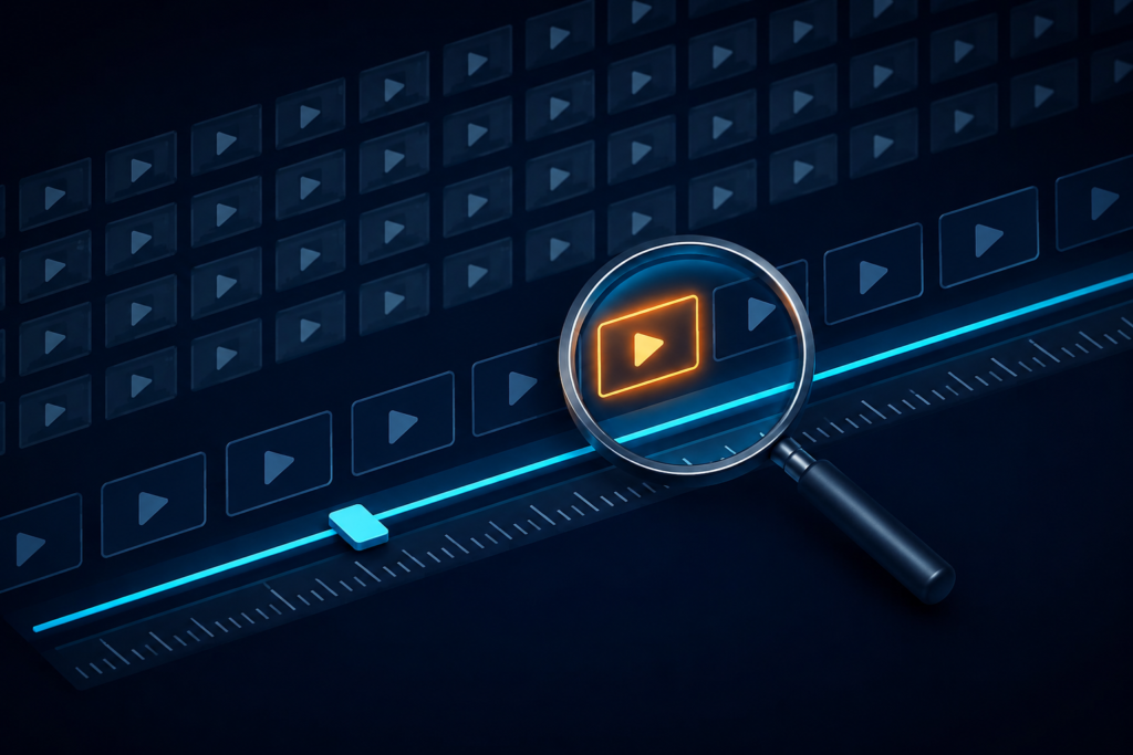 : Realistic isometric illustration of a glowing video timeline scrubber with dozens of video thumbnail icons. A magnifying glass highlights one selected clip on a cyan-lit timeline against a dark navy background, representing AI-powered video search, event detection, or forensic video analysis.