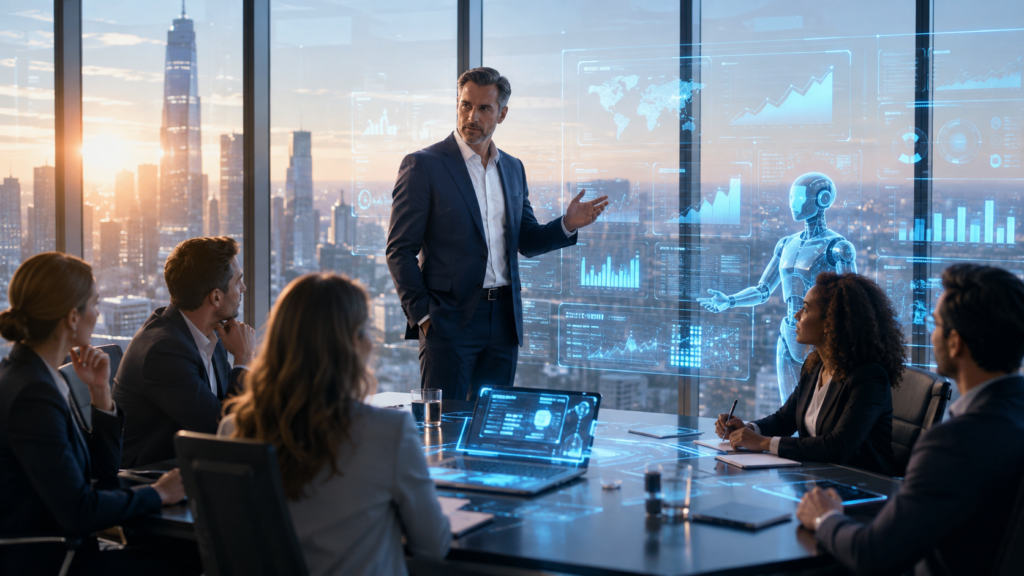 Business executives using AI-powered analytics dashboards to make strategic decisions and drive growth in a modern corporate boardroom in 2026.