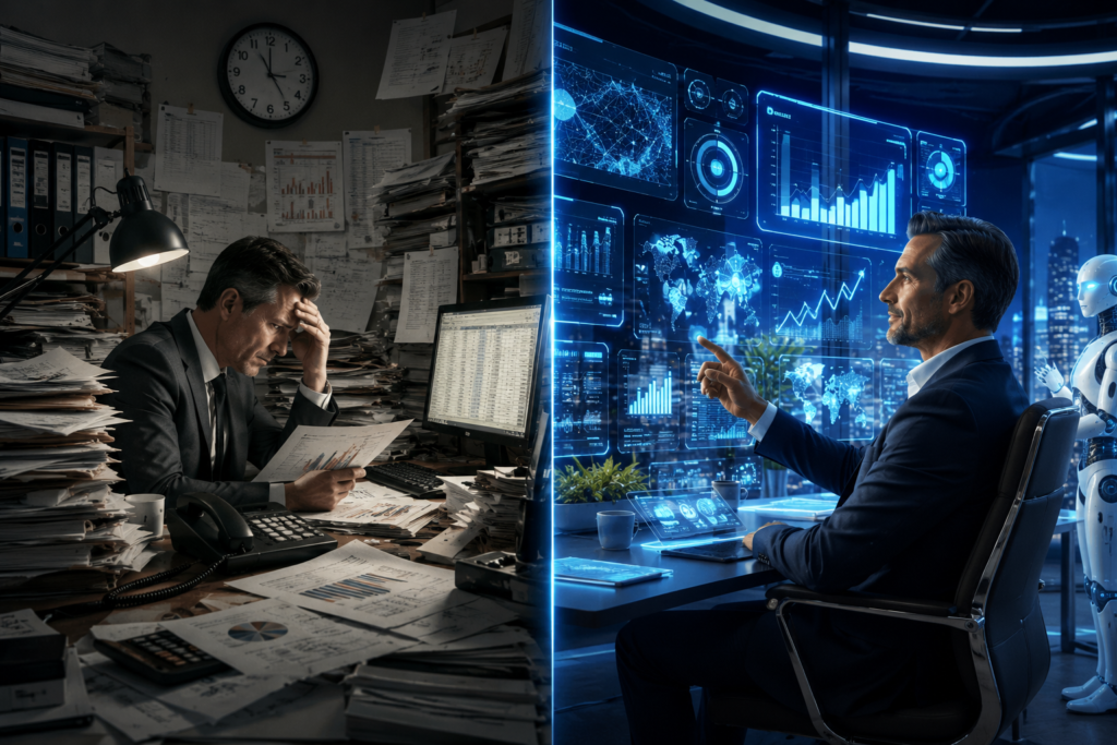 Split-screen comparison of traditional and AI-powered business leadership, showing a stressed executive surrounded by paperwork on one side and a confident CEO using futuristic AI dashboards with predictive analytics, automation, and business growth insights in a modern corporate office.