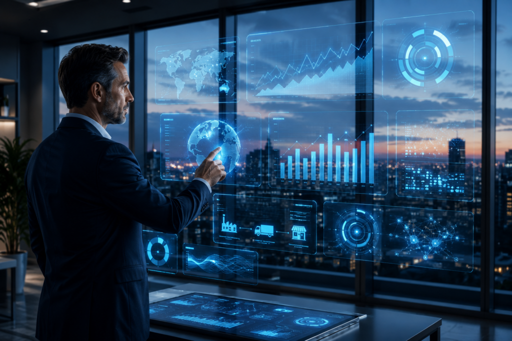 A modern CEO interacting with holographic AI dashboards displaying predictive market trends, customer behavior insights, supply chain analytics, revenue forecasts, and real-time business intelligence in a luxury corporate office overlooking a city skyline.