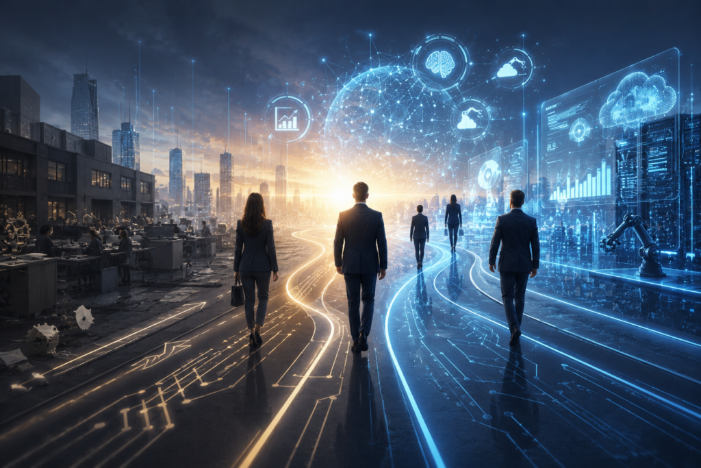 Business executives following a digital roadmap from traditional operations to AI-driven innovation, surrounded by holographic analytics, cloud computing, automation, machine learning, and business intelligence in a futuristic corporate environment.