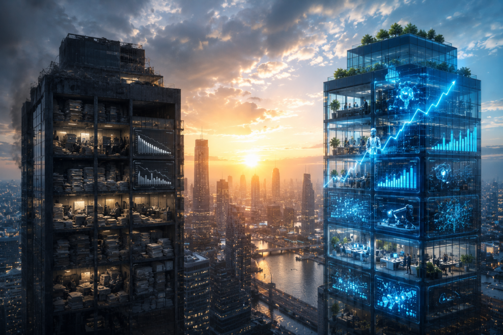 Two corporate skyscrapers compare traditional and AI-powered businesses, with one showing outdated operations and declining performance while the other features AI-driven automation, predictive analytics, digital networks, and strong business growth in a modern city skyline.
