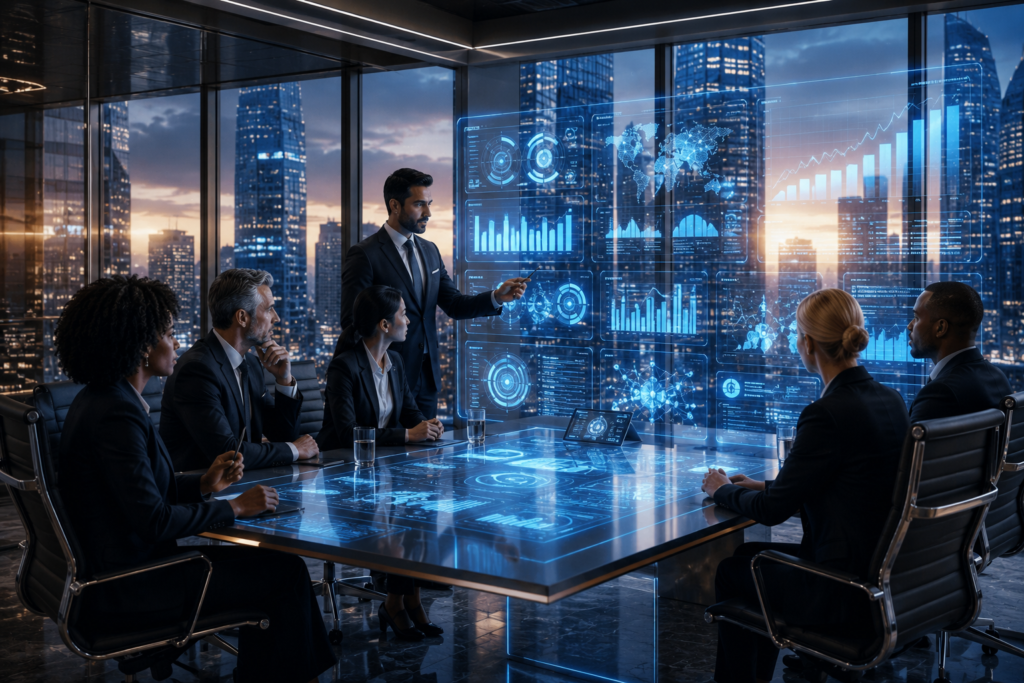 A diverse executive leadership team reviews interactive AI-powered business intelligence dashboards in a futuristic boardroom, using predictive analytics, operational metrics, customer insights, and market forecasts to guide strategic business decisions.