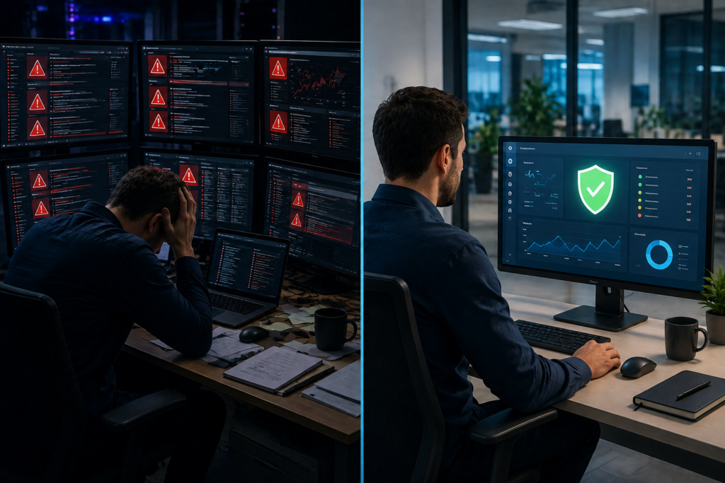 Split-screen cybersecurity scene comparing security fatigue and alert fatigue: on the left, an exhausted analyst sits before multiple monitors filled with red security alerts in a dark, cluttered workspace; on the right, a focused analyst monitors a single streamlined security dashboard with a green shield in a bright, organized office, illustrating efficient alert prioritization and reduced analyst overload.