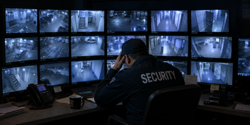 An exhausted security guard monitors dozens of CCTV screens in a dimly lit control room at night. A single amber alert stands out among mostly calm surveillance feeds, highlighting the challenge of spotting critical threats during long overnight monitoring shifts.