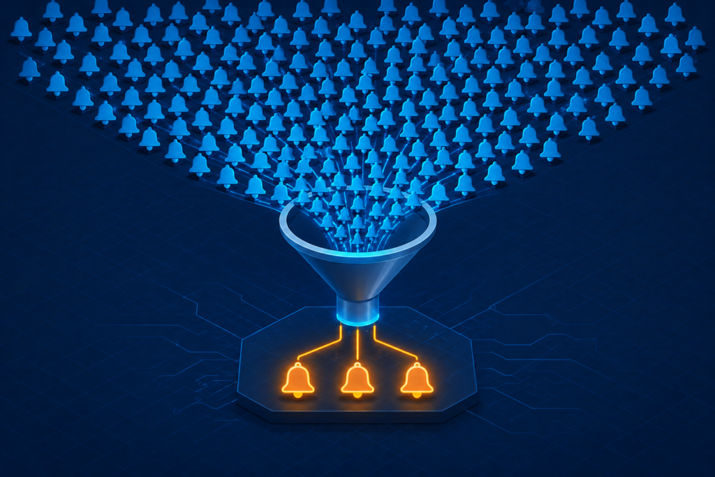 Hundreds of notification alerts flow into a central funnel that filters them into three high-priority alerts, illustrating AI-powered alert prioritization that reduces security alert fatigue and helps teams focus on the most critical threats.
