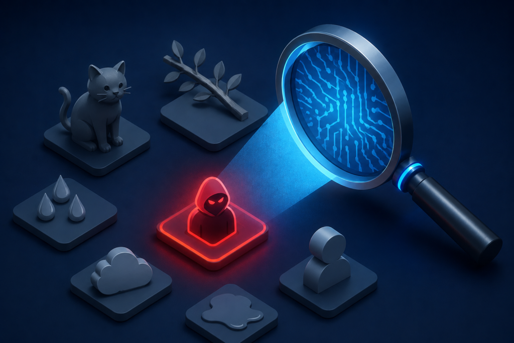 A realistic isometric cybersecurity illustration shows a metallic magnifying glass with a glowing circuit-pattern lens scanning several scene icons. A cat, tree branch, raindrops, cloud, shadow, and user silhouette appear muted in gray-blue, while one bright red hooded threat icon glows under the scan, symbolizing AI distinguishing a genuine security threat from harmless events.
