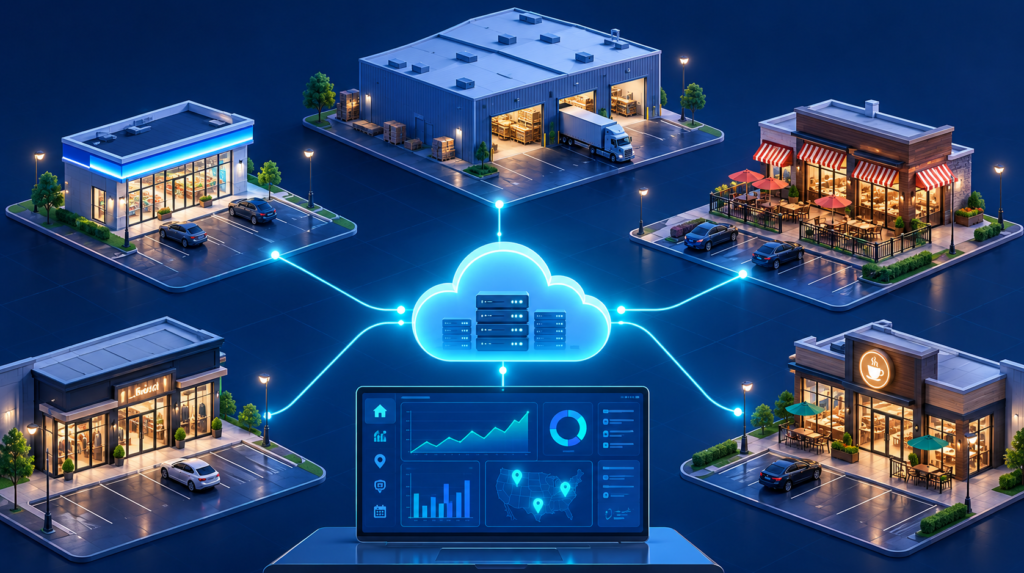 Realistic isometric illustration of multiple businesses, including stores, warehouses, and restaurants, connected by glowing cyan network lines to a central cloud server. A digital analytics dashboard below visualizes centralized cloud management on a dark navy background with futuristic lighting and no text.