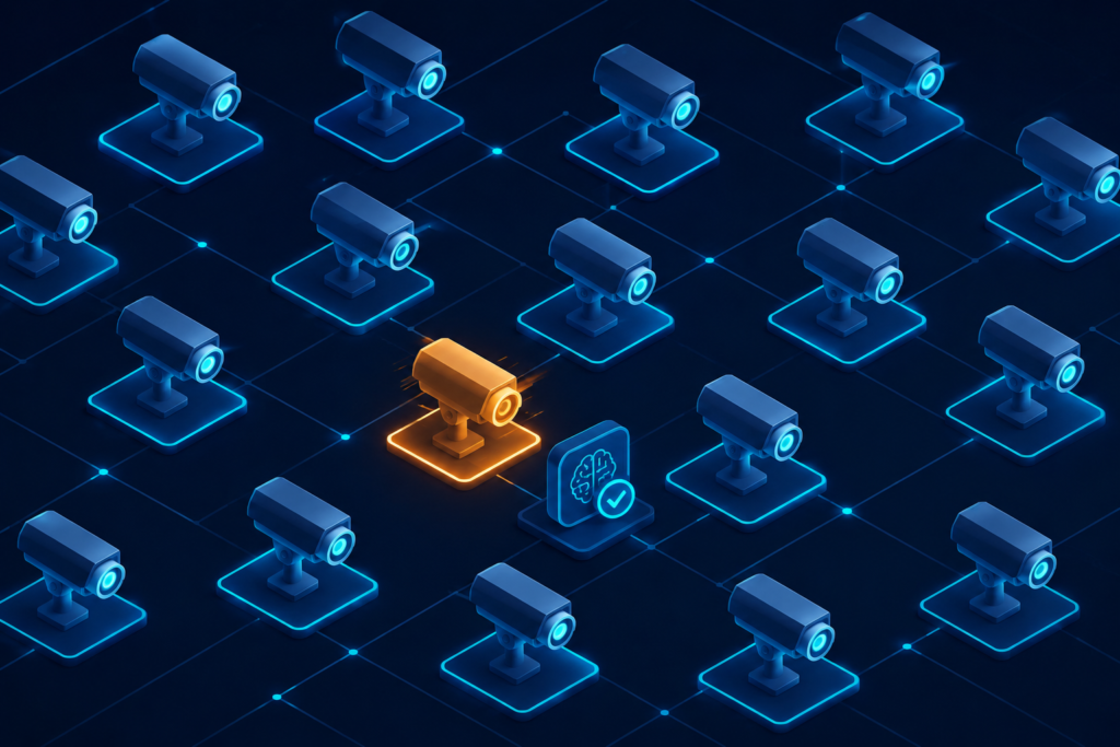 A realistic isometric illustration of a grid of connected security cameras on a dark navy background. Most cameras glow steady cyan, while one amber camera flickers to indicate a fault. A nearby AI checkmark icon highlights automated diagnostics, symbolizing intelligent camera health monitoring, anomaly detection, and proactive surveillance maintenance.