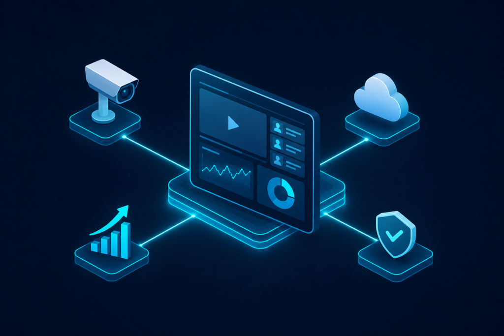 Realistic isometric 3D illustration of a unified central dashboard connected to a security camera, cloud, analytics chart, and shield with a checkmark by glowing cyan lines on a dark navy background, representing an all-in-one security and monitoring platform.